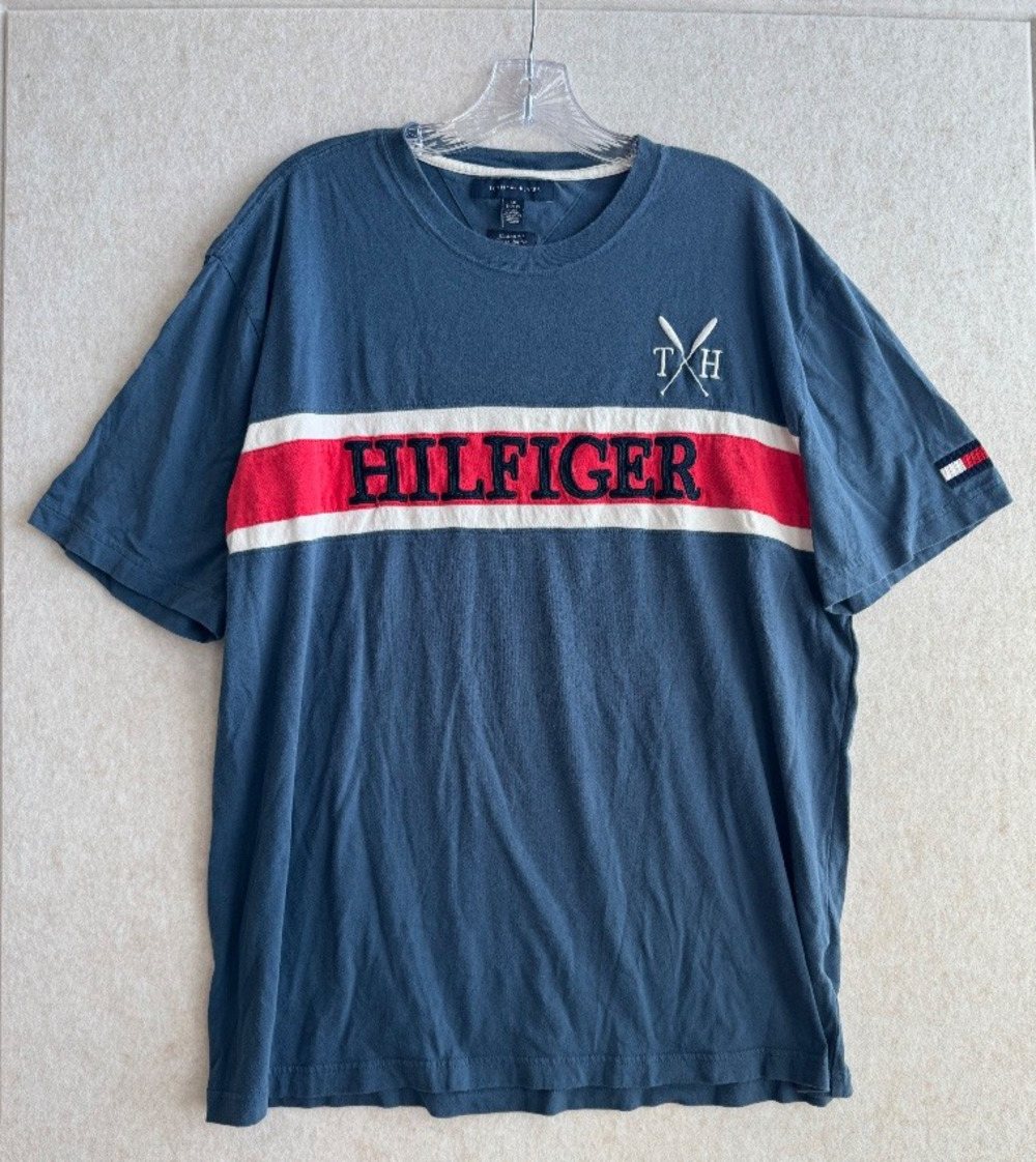 Tommy Hilfiger Mens XXL Blue T-Shirt Spell Out Embroidered Logo Flag Vintage Y2K